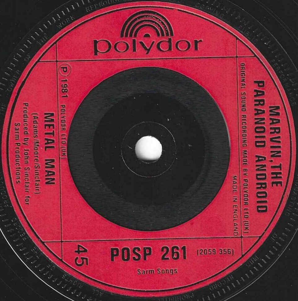 Catalogue number POSP 261, title Marvin, artist Adams / Moore / Sinclair / Marvin the Paranoid Android , from the BBC records and Tapes library Label